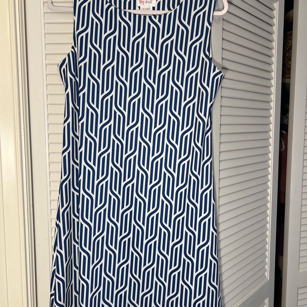 Topshop Blue and White Sheath Midi Dress Crew Neck Sleeveless